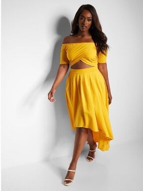 Rebdolls Bonnie Off Shoulder Cut Out Midi Skater Dress